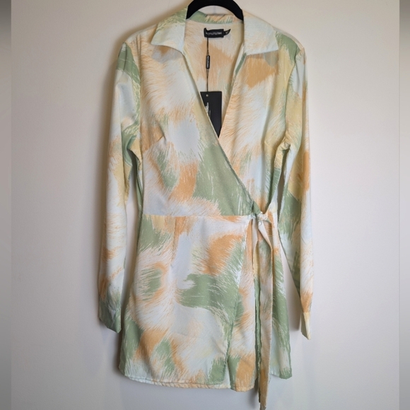 Green White Orange Print Vacation Resortwear Long Sleeve Wrap Romper Size Medium - Picture 3 of 10